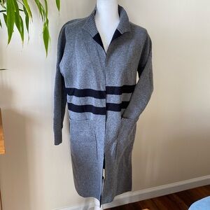 Kokun Cashmere Wool Open Cardigan Long Duster Length Ribbed Mock Neck Pockets